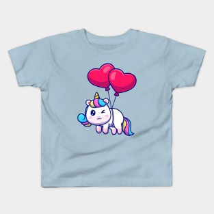 Cute Unicorn Floating With Love Balloon Cartoon Kids T-Shirt